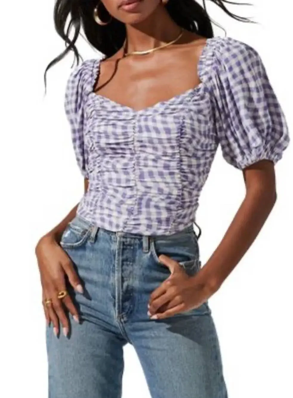 ASTR Blue Ruched Gingham Puff Sleeve Top- S